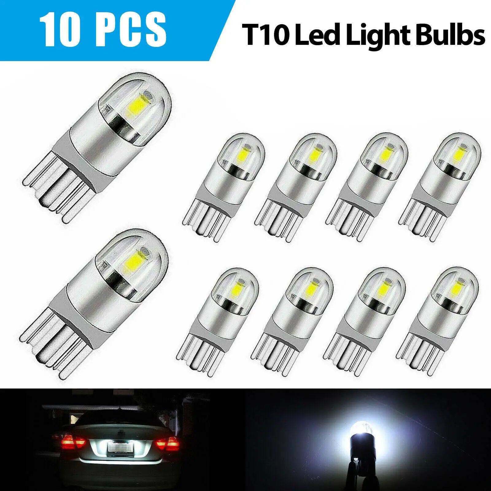 10Pcs 6000K Canbus T10 168 194 W5W Dome License Side Marker LED Light Bulb White