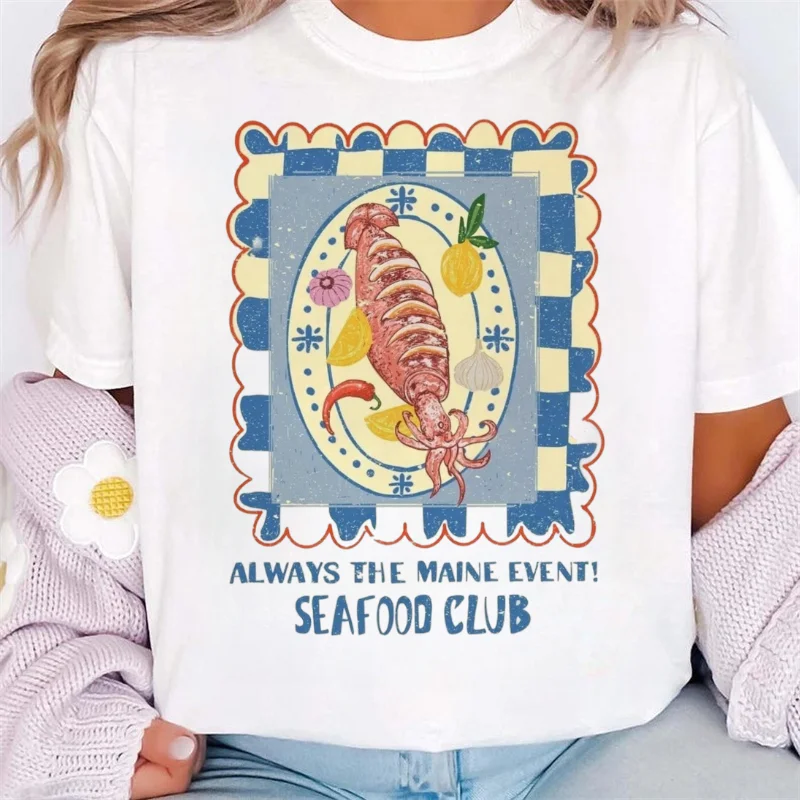 Seafood Club Squid Pattern Printed T-Shirt Casual O-Neck Popular Summer Short Sleeve Cute Women's Street Top Travel T-Shirt