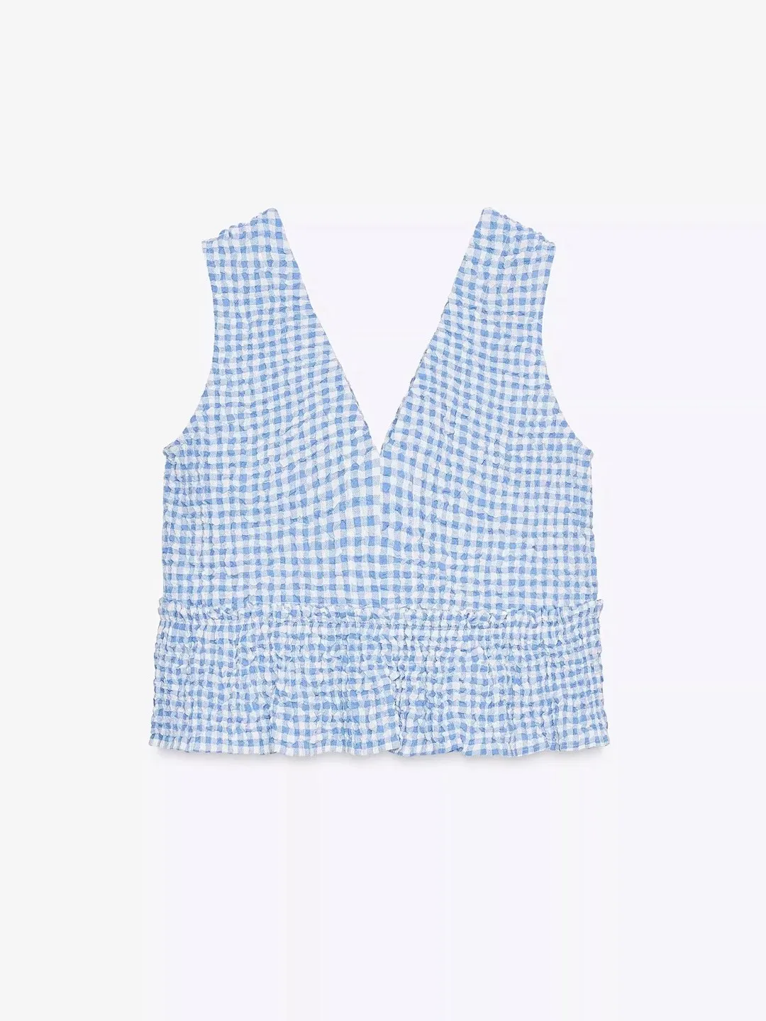 Niebieska kamizelka w kratę z dekoltem w serek, damska, modna, letnia, nowość, luźny krój, bawełna, wzór gingham, asymetryczny krój.