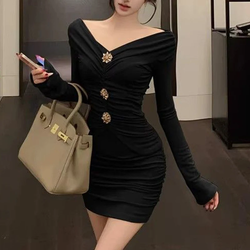 Sexy V-ausschnitt Off Schulter Geraffte Bodycon Party Kleider für Frauen Y2K Solide Hohe Taille Langarm Club Fee Mini Kleid Vestidos