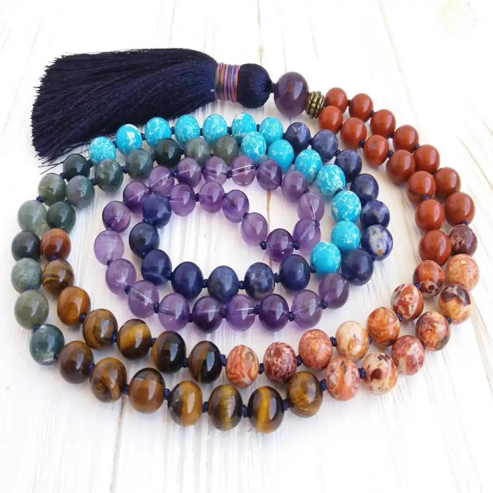 

Natural 7 Chakra Healing Stones 108 Mala Beads Necklace with Purple Tassel Balance & Vitality Crystal Jewelry