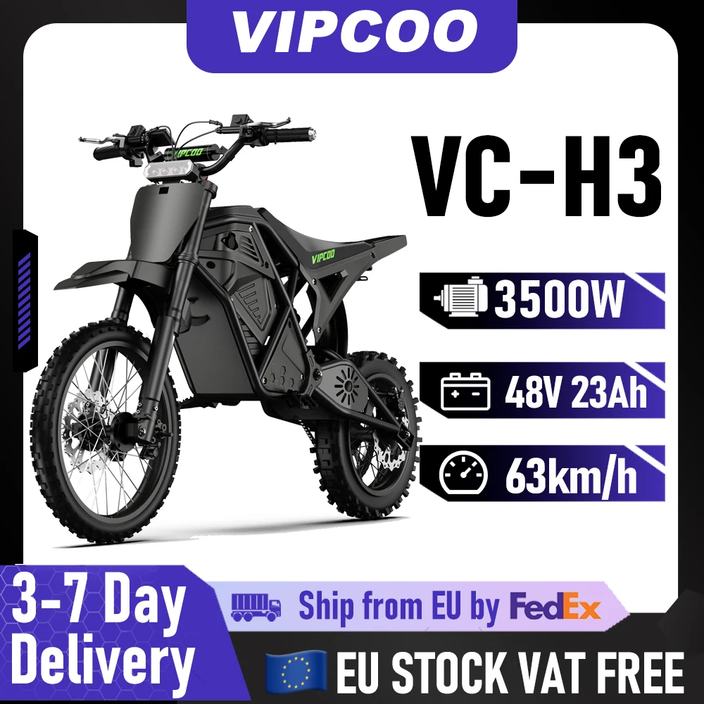 Moto Elettrica Da Fuoristrada Vipcoo H3 3500W 48V 23Ah, Moto Elettrica Con Pneumatici Larghi E Sospensioni Ad Azoto Per Adolescenti E Adulti-image