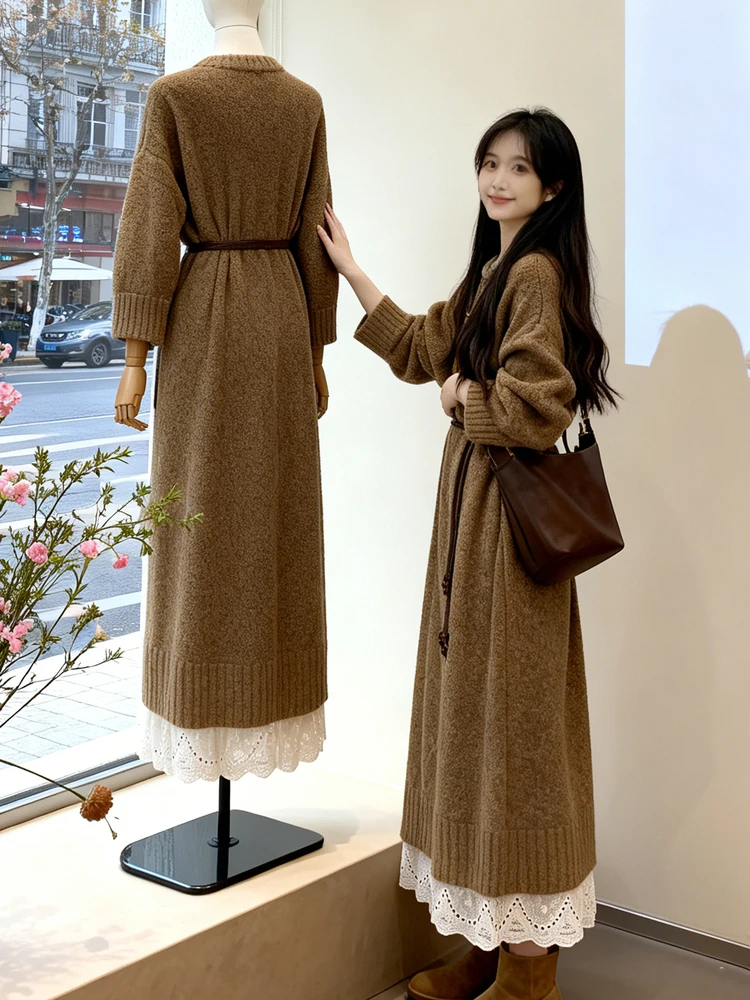 

Slimming Faionable Knitted Set Women's High Waist Midi Dr Thi Long Sve round Ne High Quali Korean Sle Ensemble