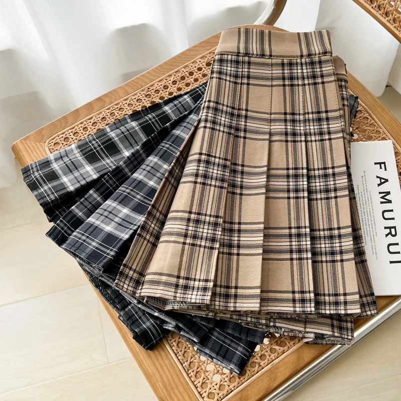 High Waist A-Line  Skirt Summer New Plaid Pleated Anti-Light Small Size Women's Fashion Short Skirt Gathered Zipper Style