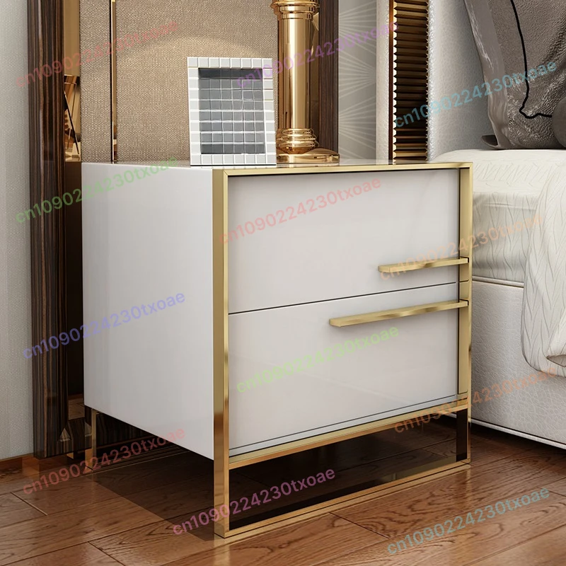 Modern Nightstand Simple Design Bedside Table With Drawer Luxury Black And White Glossy Paint Stainless Steel Storage Cabinet