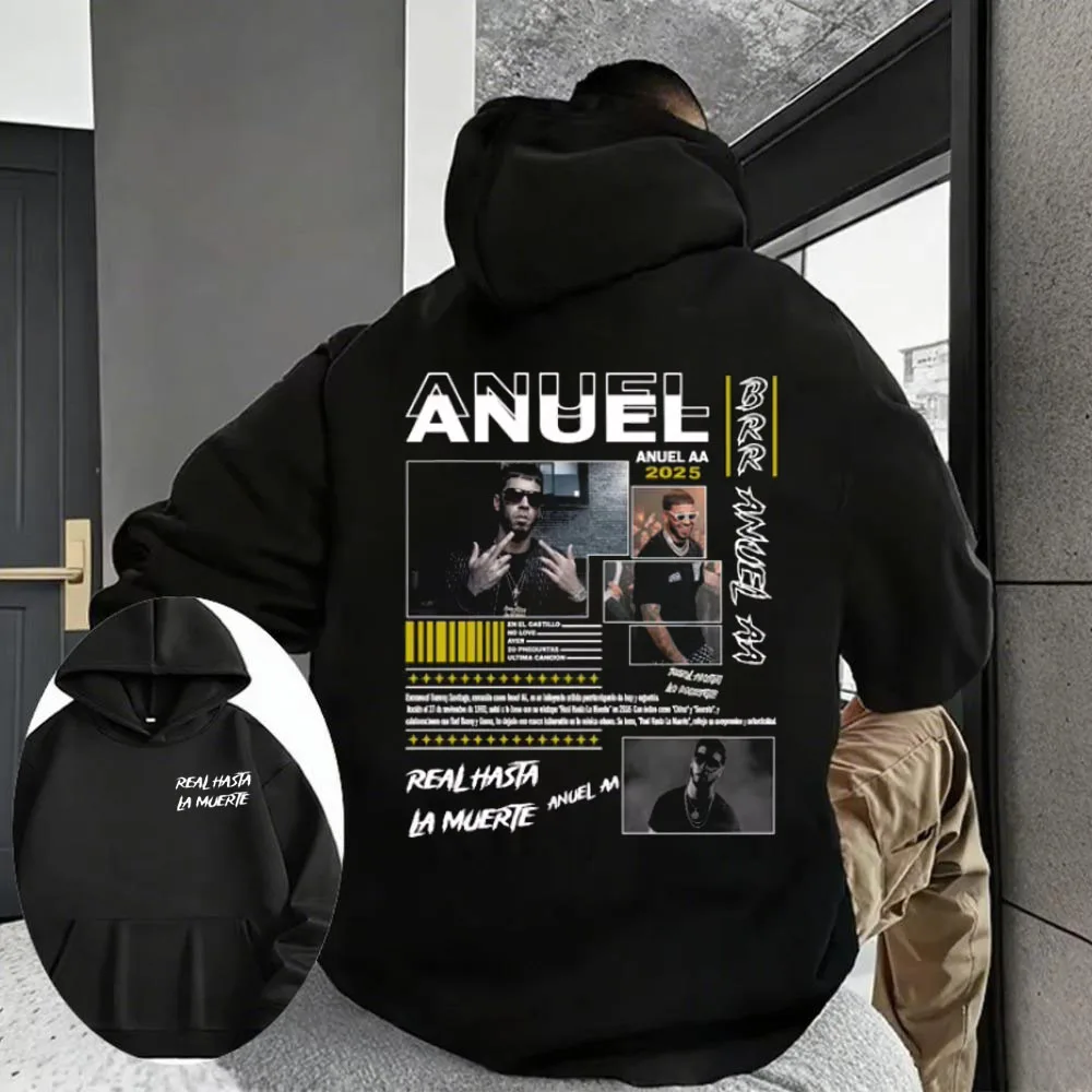 2025 خريف/شتاء Anuel AA Real Hasta La Muerte Tour هوديي الرجال عادية القطن عالية الجودة البلوز ريترو هوديي ملابس الشارع