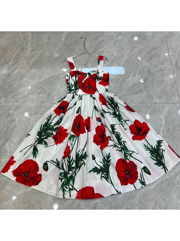 Imagem -03 - Vestido de Cinta de Espaguete Feminino Estampado Flores Vermelhas Expansão da Rua Alta Férias de Festa 100 Algodão Moda