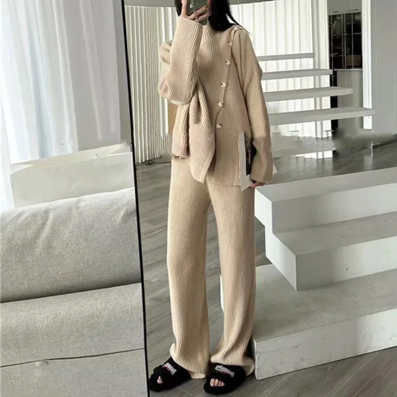 Autumn Winter 2 Pieces Women Set Fashion High Neck Split Knit Sweater Top and Wide Leg Pants Suit Ladies Commuter Casual Outfits