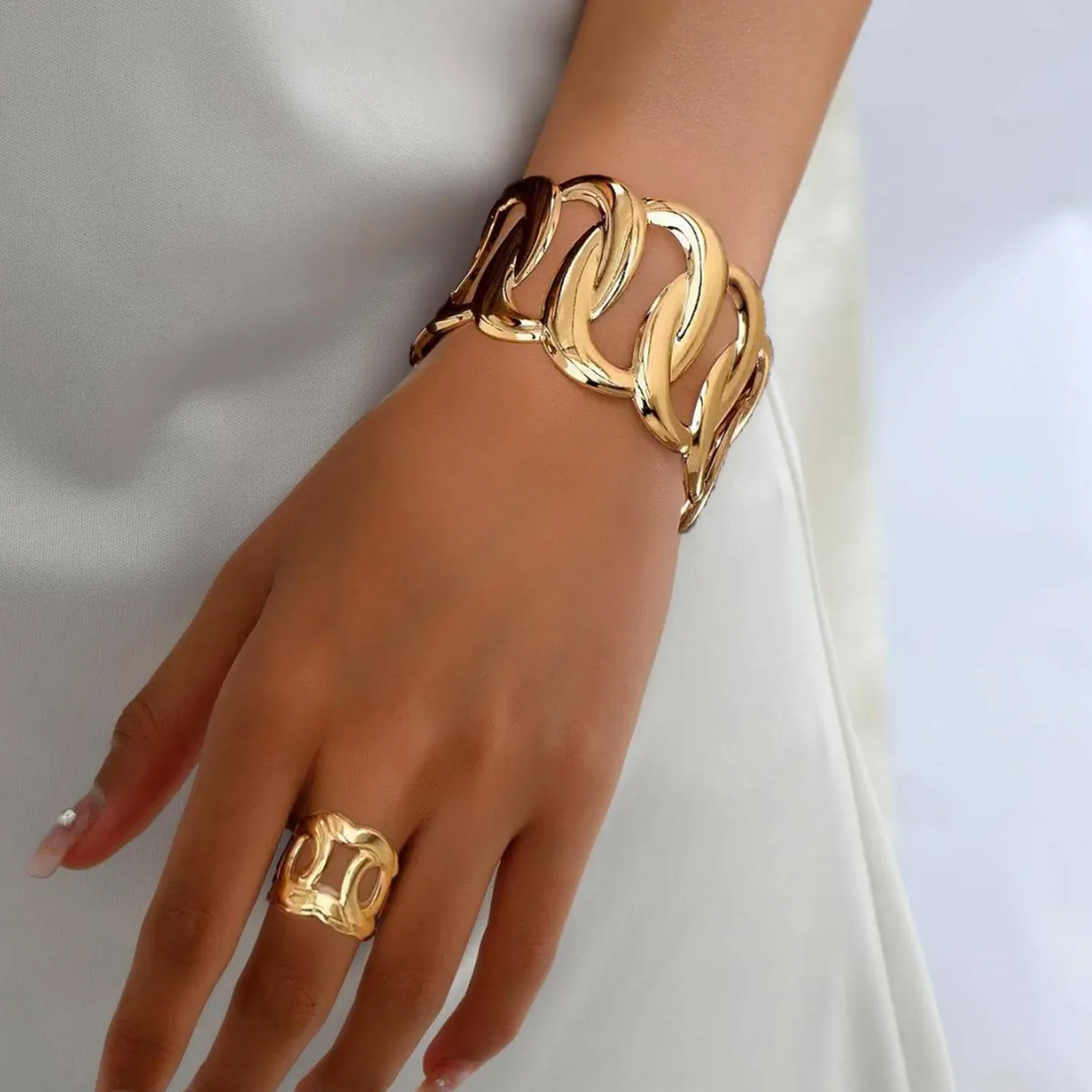 Geometric exaggerated line winding bracelet ring set opening adjustable women's jewelry