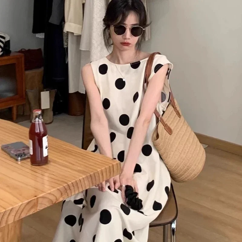 2025 novedad de verano, vestido largo holgado sin mangas sexi para mujer, estilo playero, vestidos elegantes sin mangas con abertura lateral, vestido de lunares para mujer