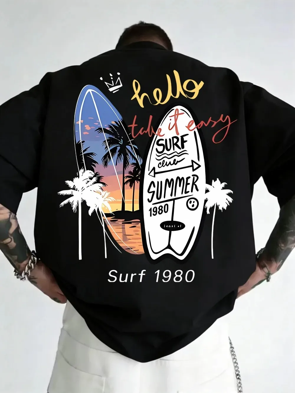 European and American men's summer surfboard landscape print micro elastic breathable round neck T-shirt outdoor casual top