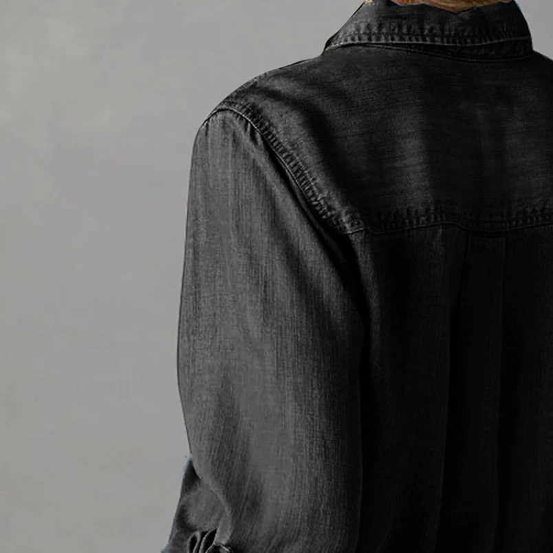 

Women Denim Shirts Solid Color Turn Down Collar Long Sleeve Jean Blouses Spring Loose Casual Tops Streetwear