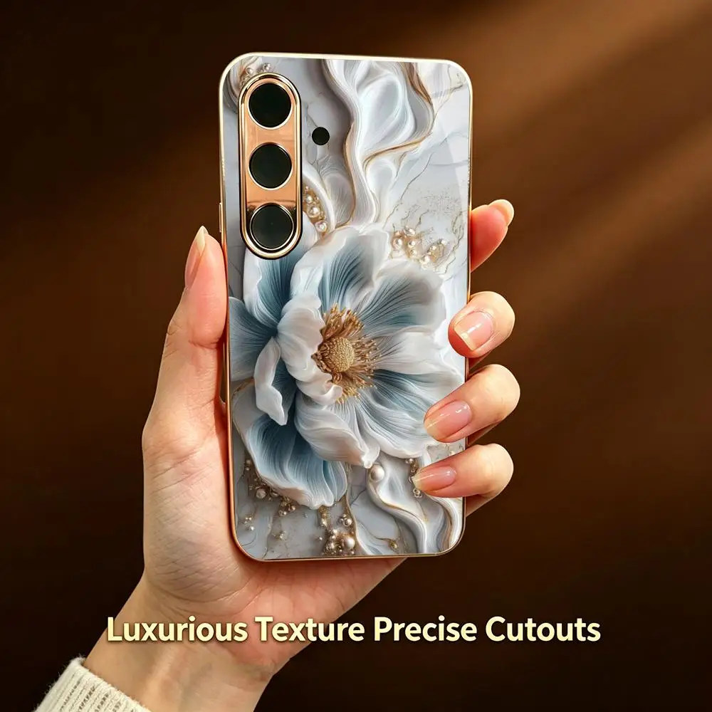 Electroplated Gold Frame Tempered Glass Case for Samsung S26 Ultra/S25+/S24/S23/S22 FE  Embossed Camellia Art Texture Cover