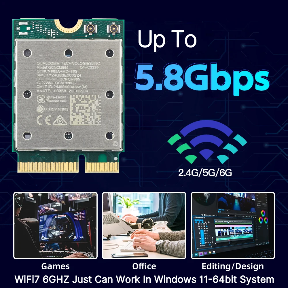 FENVI WiFi7 QCNCM865-Carte Wifi sans fil, Bluetooth 5.3, Stérilisation du réseau LeicBand 2.4G/5G/6 mesurz 11ax M.2 NGFF, Adaptateur sans fil pour Win11