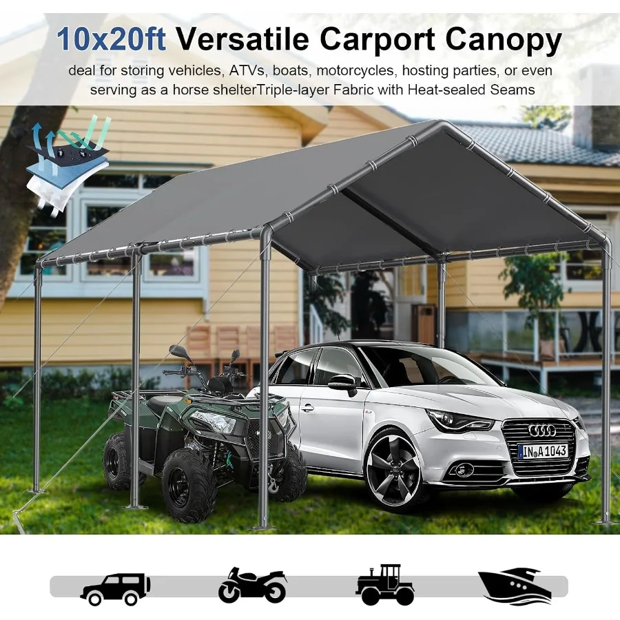 Outdoor Carport 10x20ft Heavy Duty Car Tent, Portable Garage Canopy Storage Shed, All-Season Tarp Tent for Car, Party
