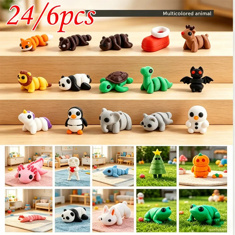 48/10 Pcs Mini Random 3D Printed Animal Figurines Set, Flexible Articulated Kids Fidget Toys , Party Favors, Classroom Rewards
