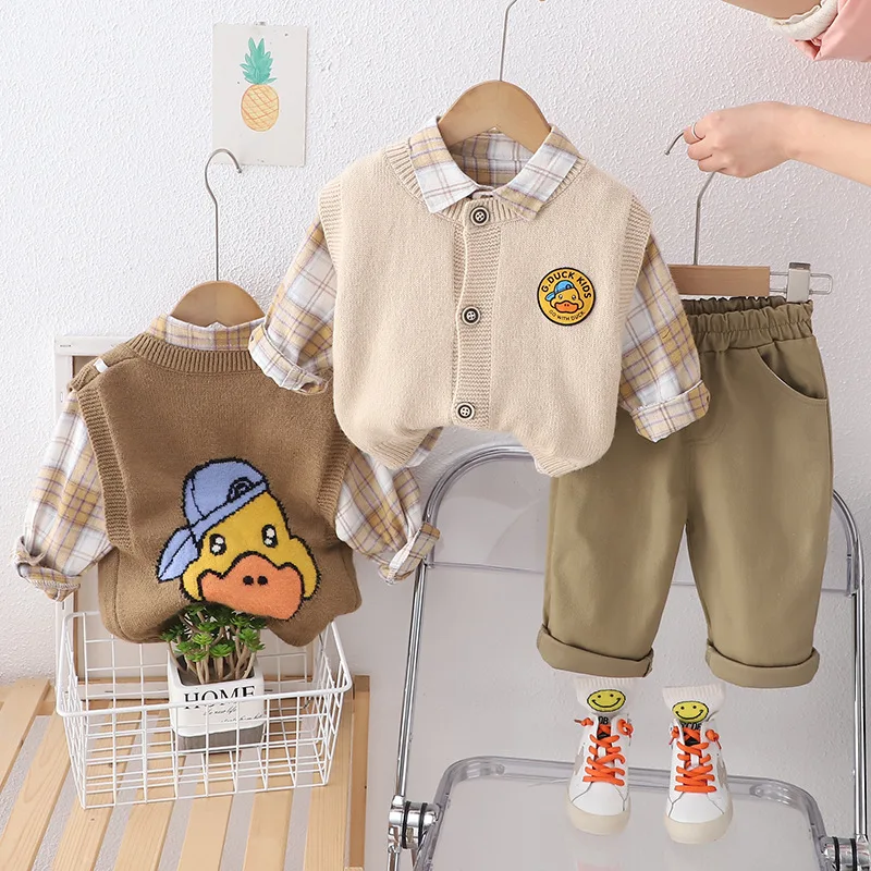 

Kids Baby Boy Boutique Clothes 2024 Spring Solid Color Single Breasted Woolen Vest + Plaid Shirts + Pants Toddler Boys Outfits