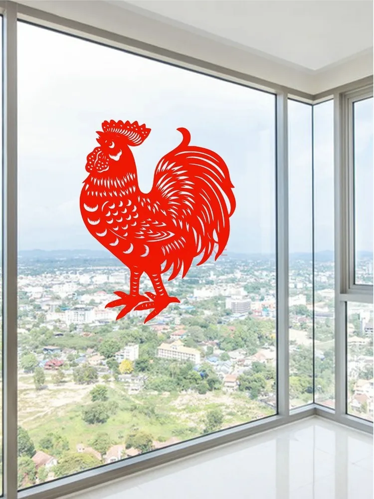 2pcs Zodiac Rooster Window Flower Electrostatic Stickers Glass Door Window Stickers Red New Year Spring Festival
