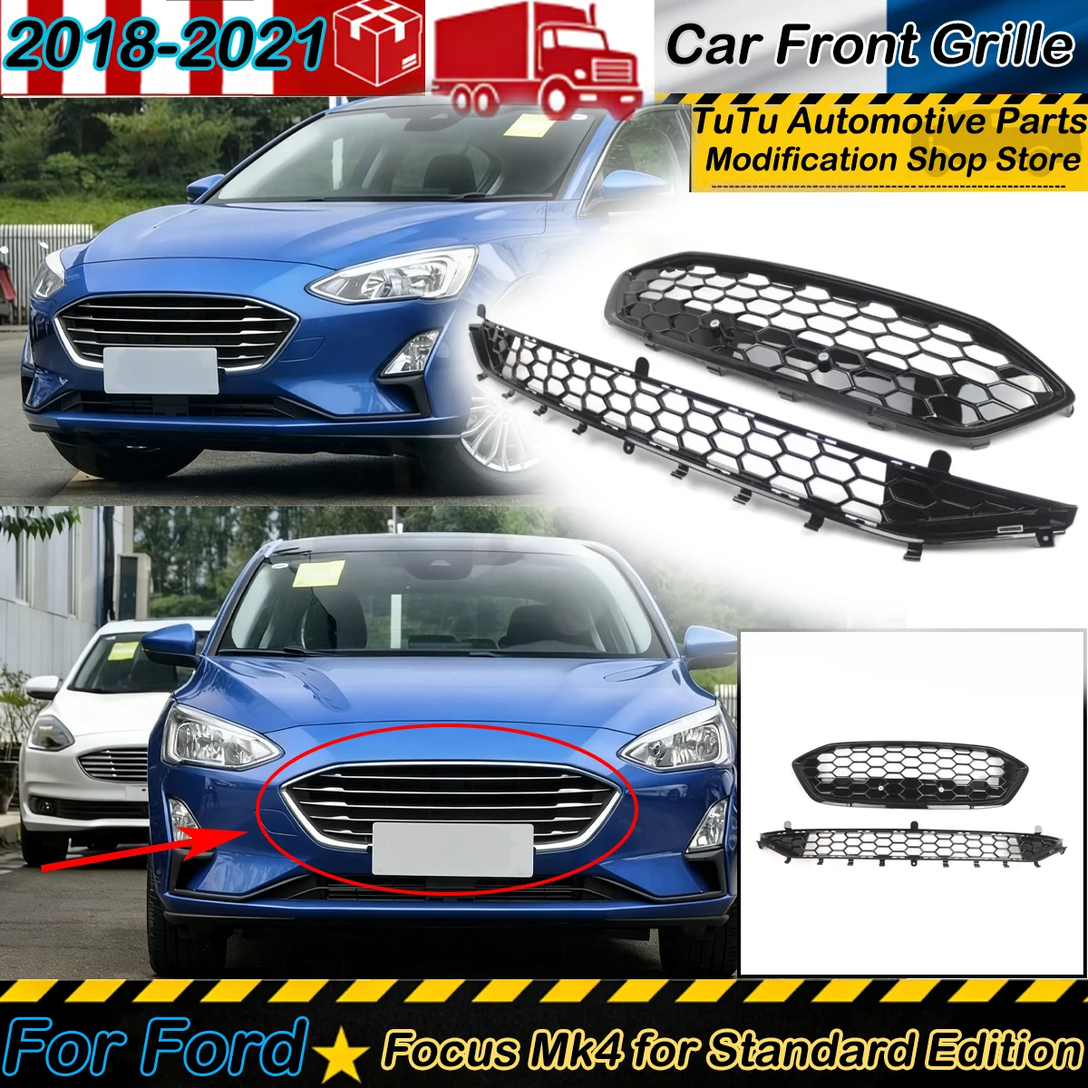 

Racing Grills for Ford Focus Mk4 for Standard Edition 2018-2021 Car Front Bumper Upper Lower Mesh Grill Grille Cover Trim Parts