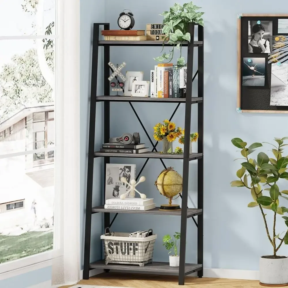 5-Tier Ladder Bookshelf, Industrial Style, Wood and Metal, Suitable for Living Room, Bedroom, Kitchen, Home Office (Grey Oak)