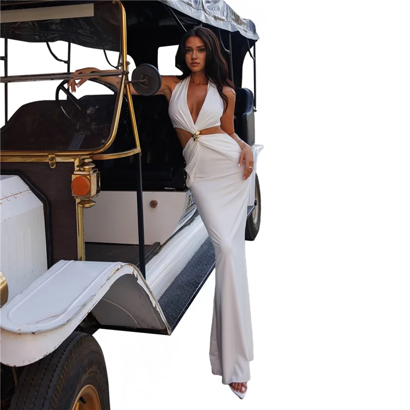 

ASDS-Women's Halter Deep V Neck Sleeveless Backless High Slit Ruched Long Dress Summer Party Cocktail Dress