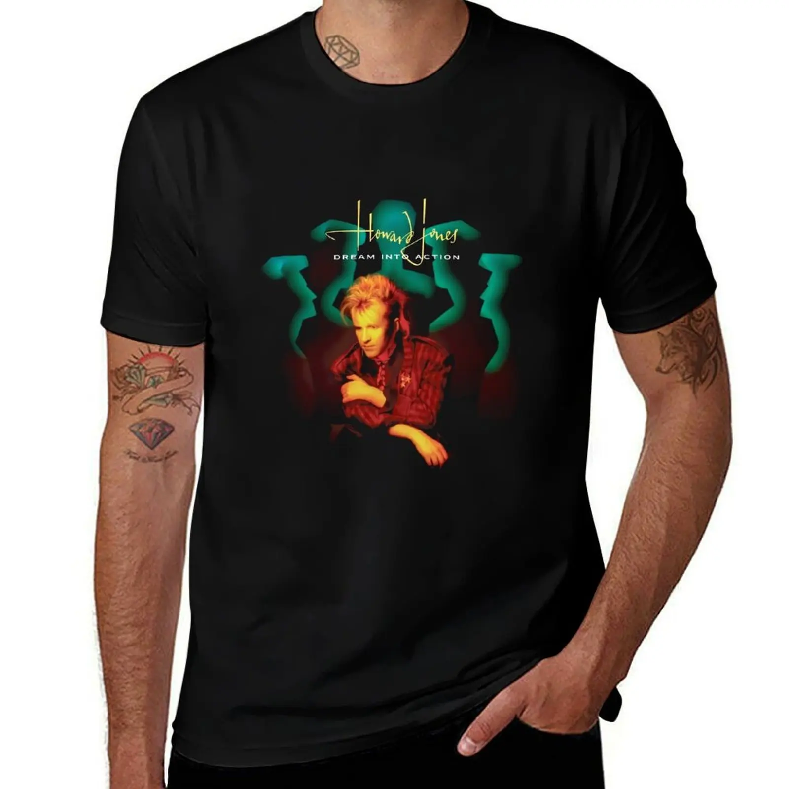 Camiseta negra Howard Jones Dream Into Action, Camiseta de algodón negra lisa para hombre, camisetas divertidas, camiseta para hombre