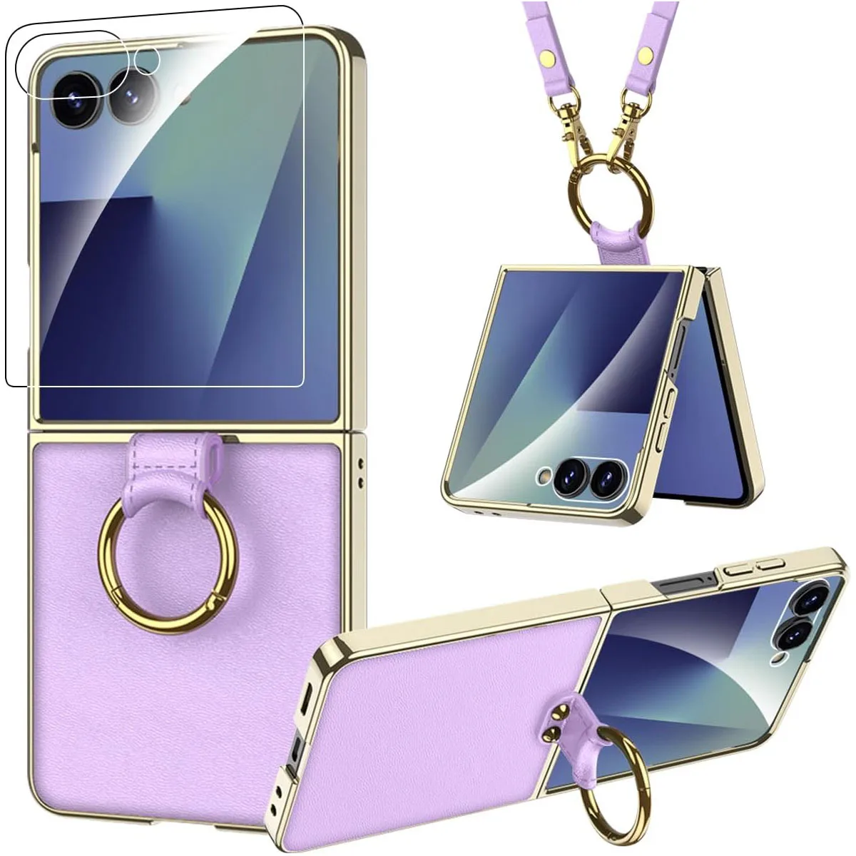 Leather Case for Samsung Galaxy Z Flip 7 – Ring Grip, Built-in Screen Protector, Shockproof, Wireless Charging Compatible