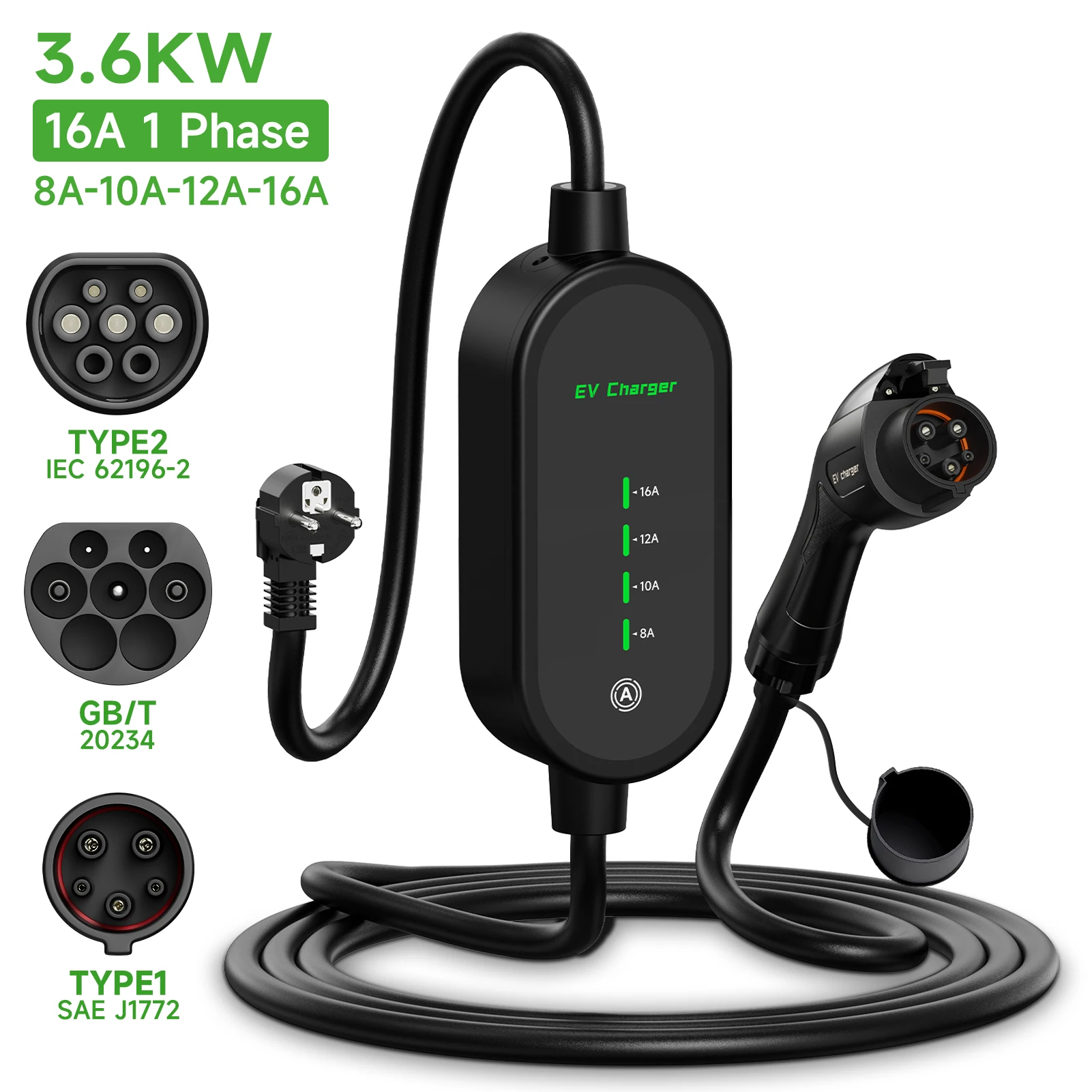 AFEEV Electric Car Charger Type2 Portable Charger 3.5KW 16A Type 1 EVSE EV Charger GBT Wallbox Home EV Charger