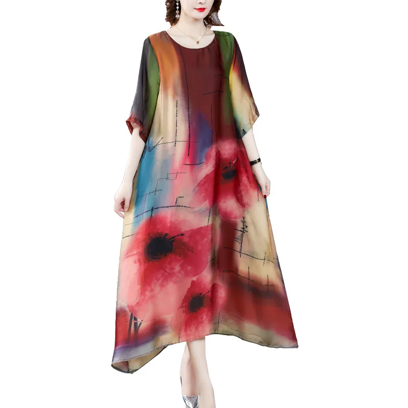 Summer 2023 Korean New Round Neck 3D Effects Paintings Printed Loose and Comfortable A-line Womens Casual Middle Length Dresses