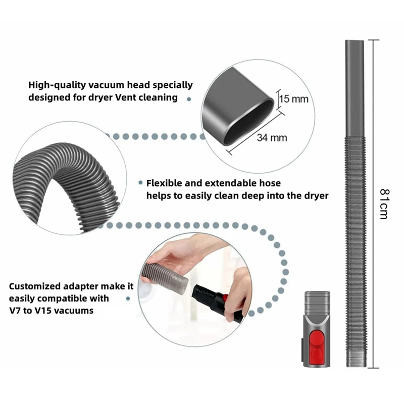 다이슨 진공 청소기용 건조기 통풍구 청소 키트, 건조기 린트 제거기, 유연한 호스 및 틈새 도구, V15, V11, V10, V8, V7