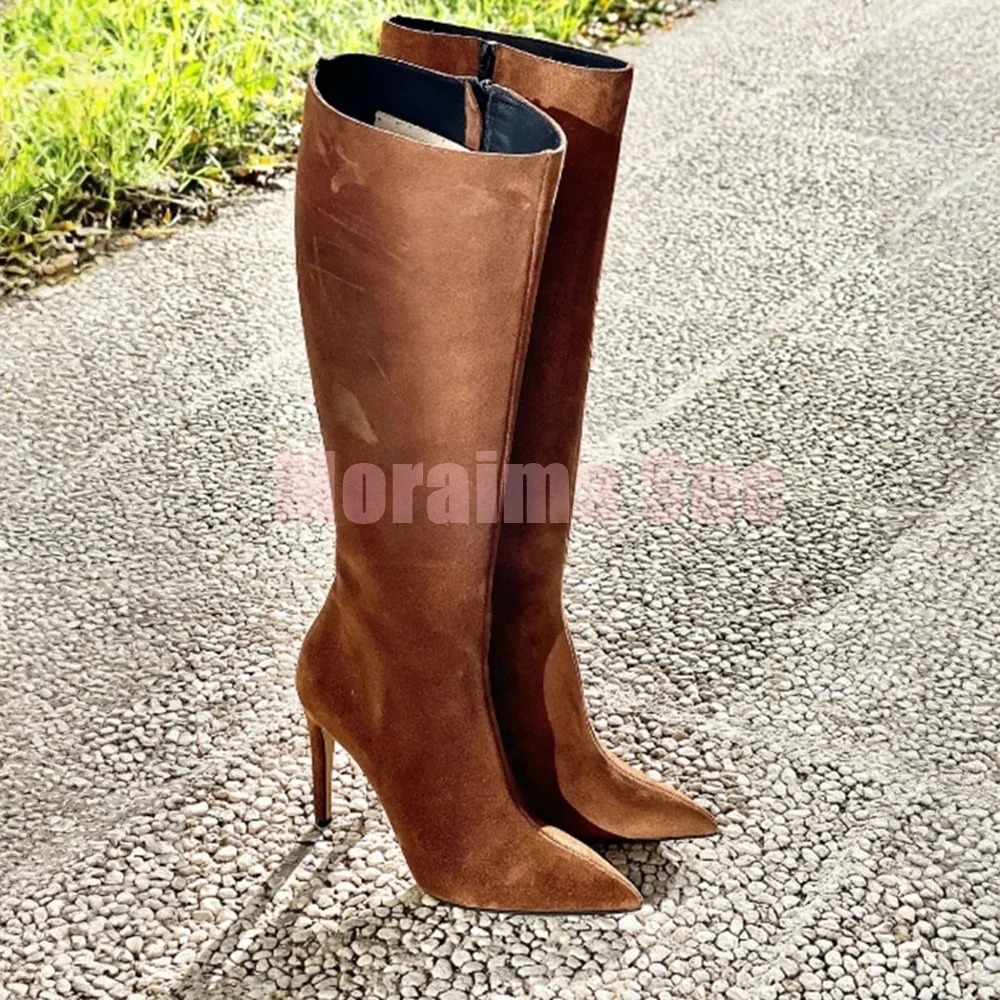 

Suede Leather Pointed Toe Knee High Boots Side Zipper Sexy Fashion Concise Style Women Long Modern Boots Autumn Winter Brown New