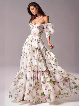 Elegante floral impressão vestidos de festa à noite feminino encantador a linha fora do ombro barco pescoço solto manga curta vestidos de baile robe vestido