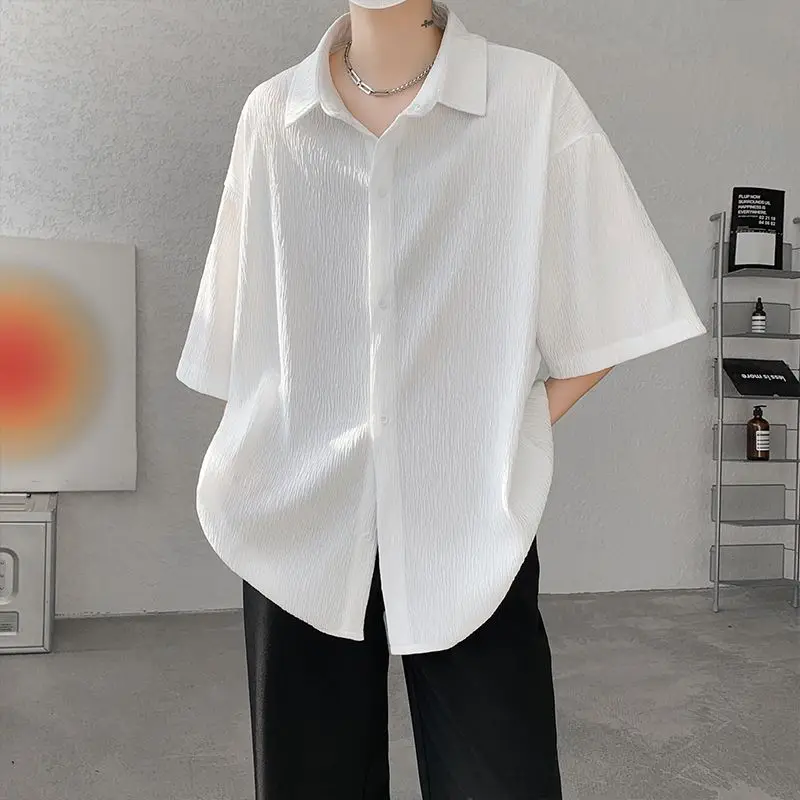 Gray Pleated Texture Ice Silk Shirt Men's Short-sleeved Summer High-end Cleanfit Shirt Three-quarter Sleeve Jacket