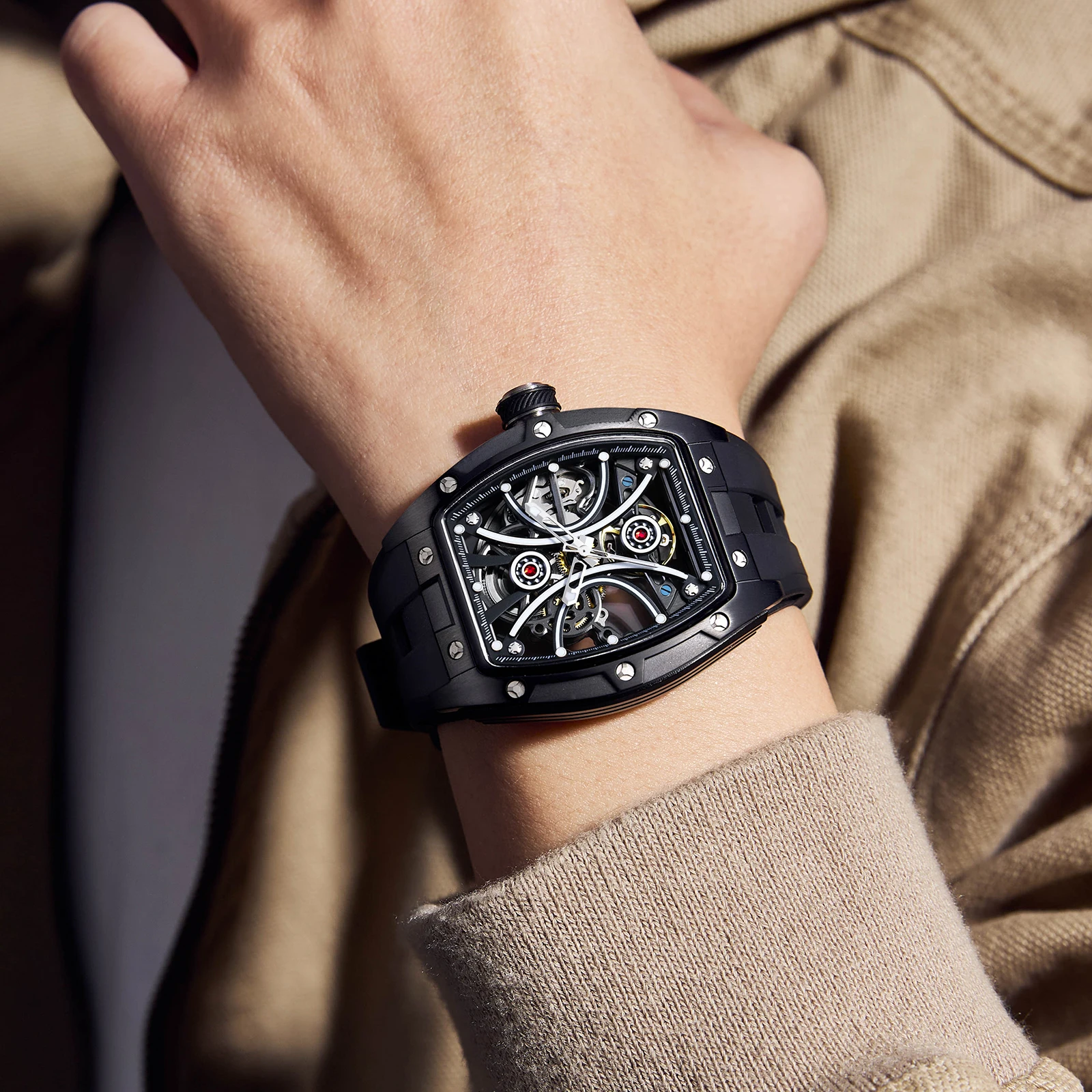 Gorman تصميم جوفاء النقش الأسود الذهبي حالة جلدية الهيكل العظمي ساعات آلية الرجال العلامة التجارية الفاخرة Heren Horloge للرجال #6