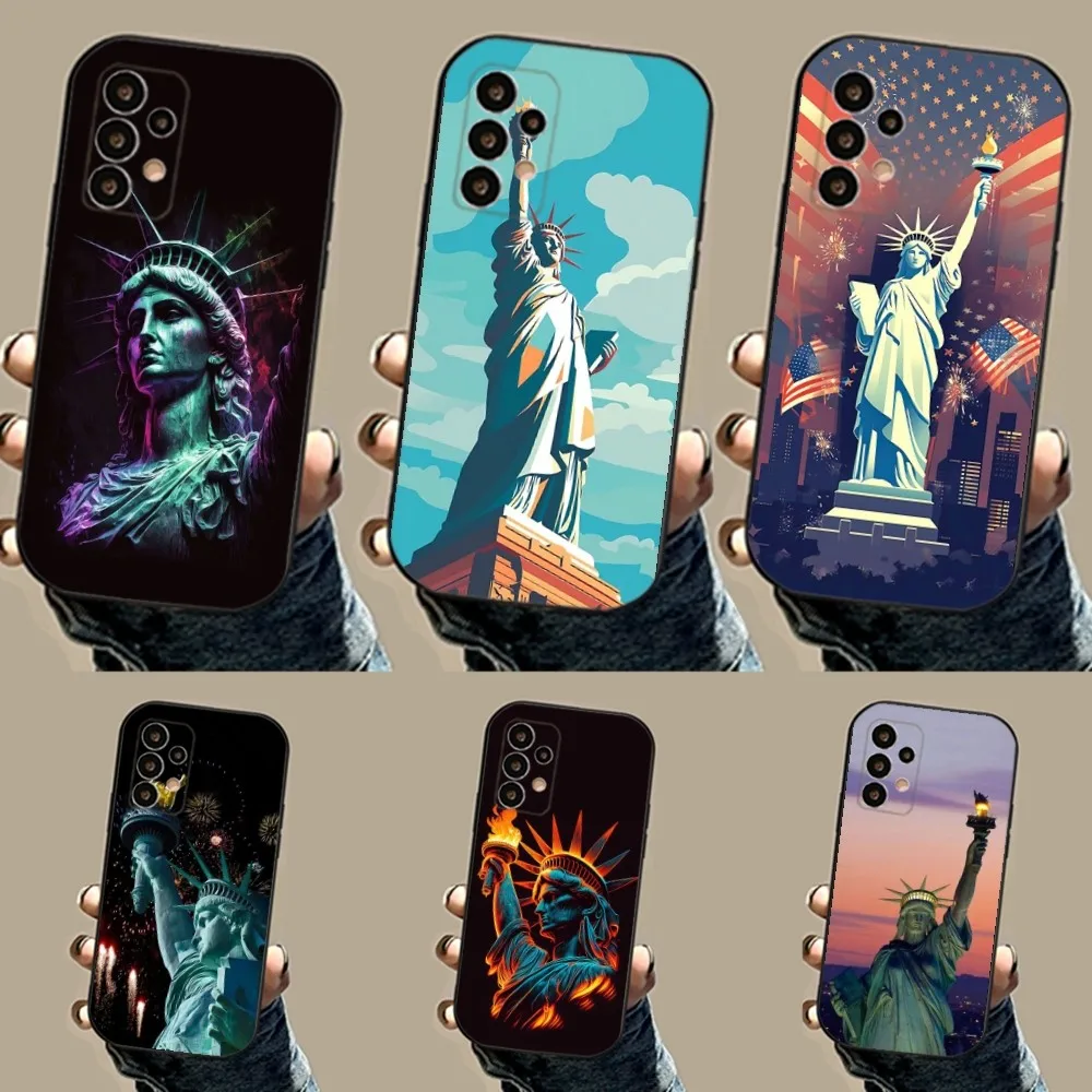 America Statue of Liberty Phone Case For Samsung S24,23,23,22,30,21,10,9,Note20 Ultra,Lite,Ultra,5G,Plus,FE,Black Soft Case