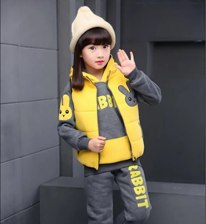 Winter Thick Fleece Warm Kids Girls Sportswear Tracksuit Printed Jacket Coat+hoodie+pant Casual Jogger Running Outfit Sport Set