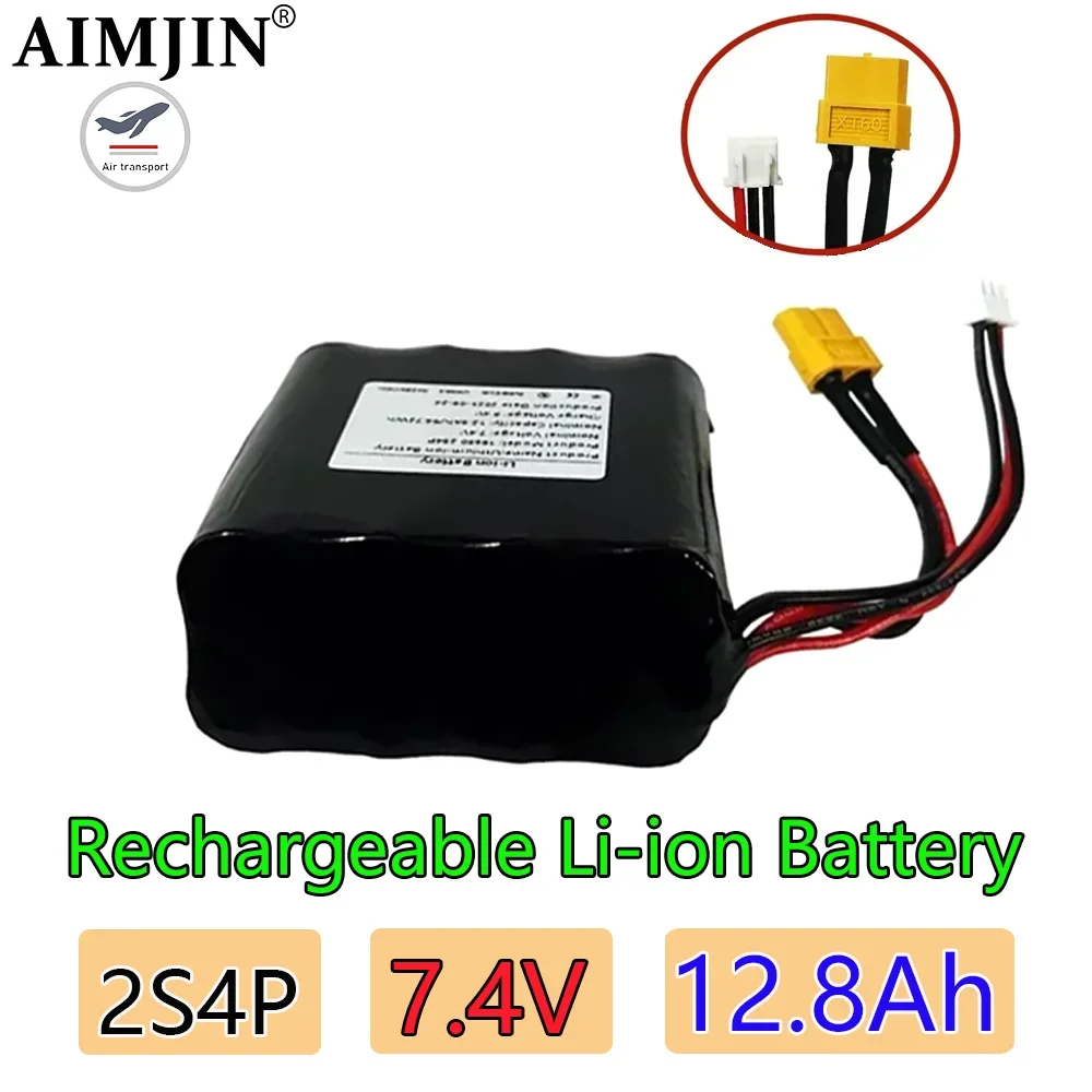 Li- ion battery 2S4P 7.4V 12.8Ah for drones, suitable for various remote-controlled aircraft, quadcopters, XH2.54-3P, XT60 plug