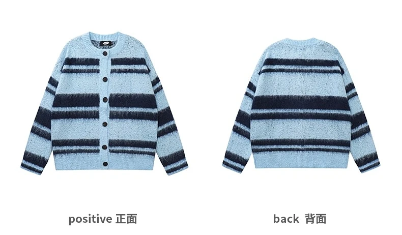 Autumn Winter New American Retro Style Soft Loose Casual Black Gray Knitted Cardigan Men's Blue Brown Striped Sweater