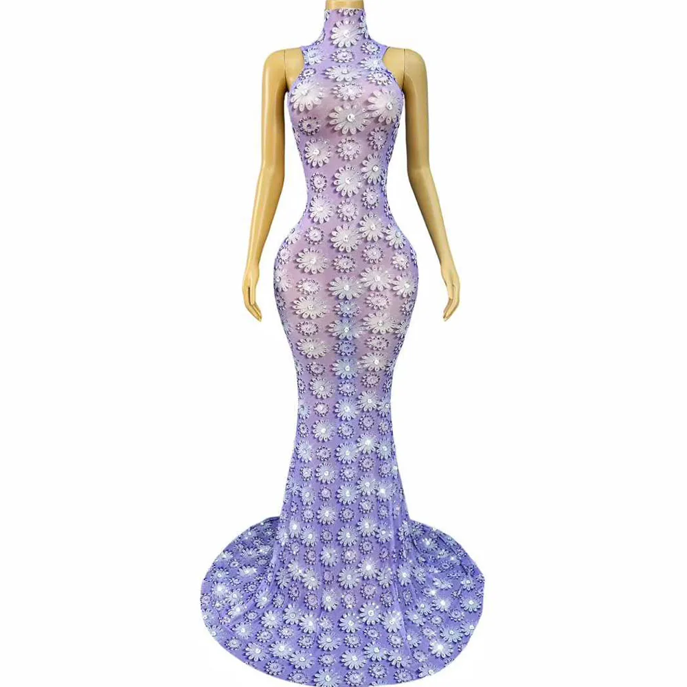 

Women Elegant Flowers Pattern Designed Shining Rhinestones Mermaid Dress Evening Prom Gown Red carpet Show Stage Wear
