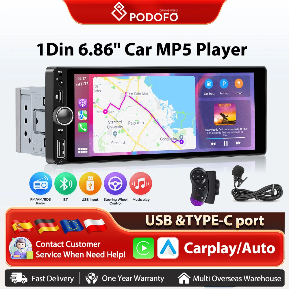 Podofo 6.86'' Autoradio Universale con Carplay Wireless e Android Auto, Lettore Multimediale MP5, BT, FM, 1din, Unità Principale Autoradio, SWC, Sistemi Intelligenti per Auto, Stereo Multimediale, EQ,