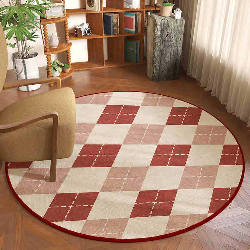 سجادة مستديرة عتيقة، سجادة حمراء بيج، نمط الشطرنج مع نسيج مخيط، سجادة أرضية ناعمة لتزيين غرفة المعيشة والمنزل #3