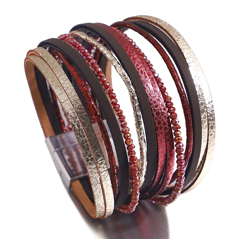 Amorcome Ethnic Multilayer Leather Bracelets for Women Men Boho Crystal Beads Wide Wrap Bracelets Fashion Female Party  Jewelry