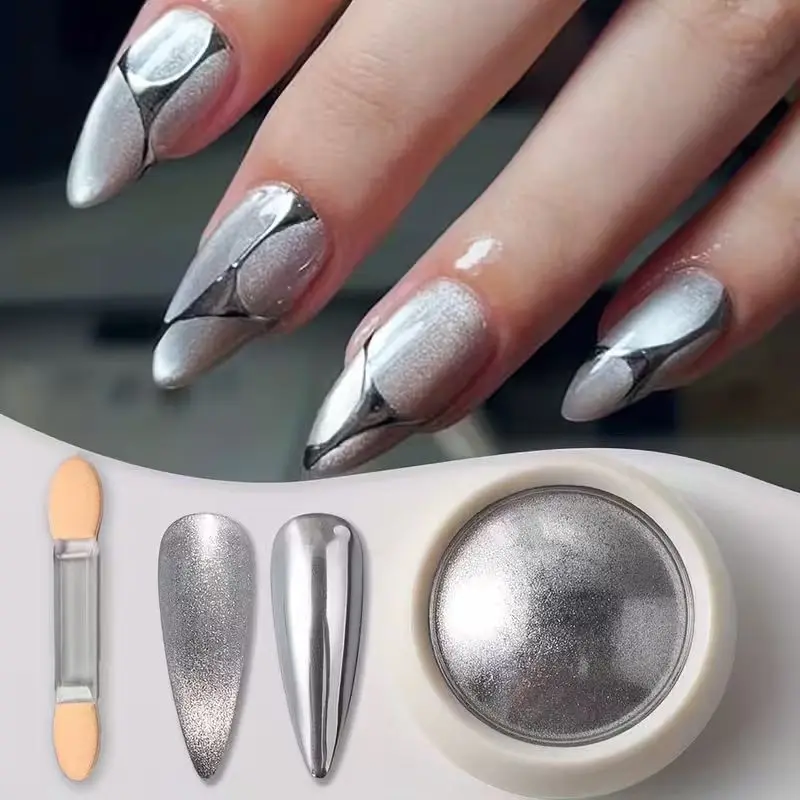 علبة واحدة من جليتر أظافر عين القطة بمرآة سحرية فضية، بما في ذلك فرشاة واحدة، وبودرة طلاء أظافر كروم معدني، وملحقات أظافر Y2K