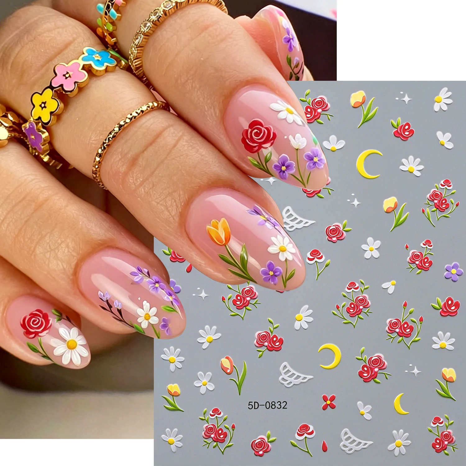 5D Embossed Daisy Rose Flower Nail Sticker Cute Moon Red Camellia Floral Leaves Nail Art Decals for DIY Summer Manicure Decorati