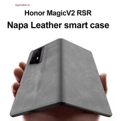 Stylus Holder Hinge Protective Case For Honor Magic V2 RSR Retro Nappa Stripe Leather Flip Book Folio Pen Slot Protection Cover