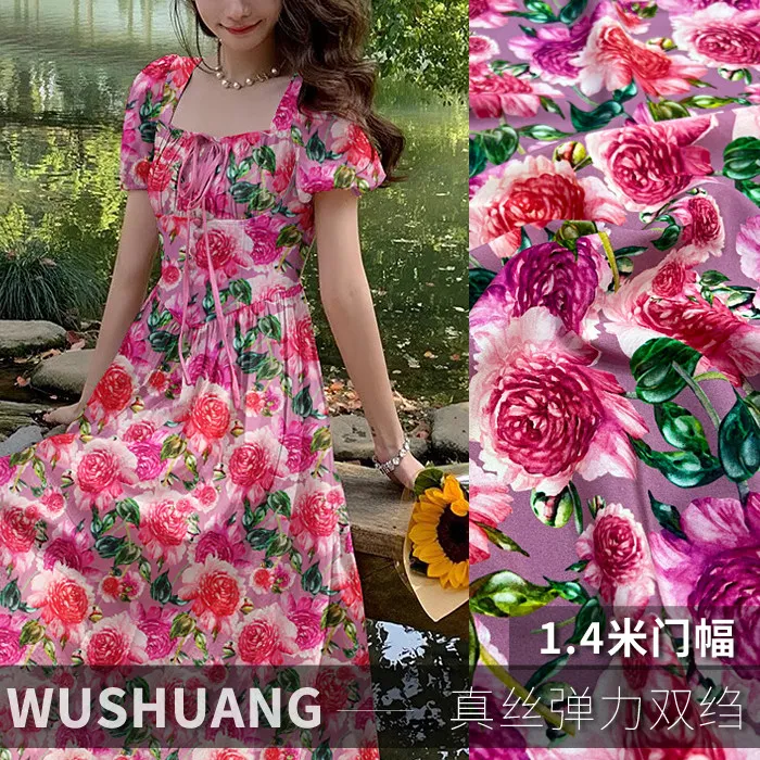 Pink & Red Begonia Floral Print Silk Stretch Crepe De Chine Fabric Mulberry Silk Material For Dresses 140cm Wide Blouse