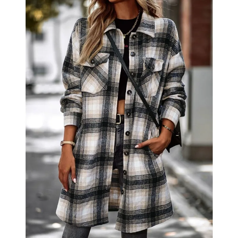 New Women's Fashionable Autumn/Winter Long Sleeved Long Shirt Blouse Ladies Casual Lapel Plaid Long Shirt Tops
