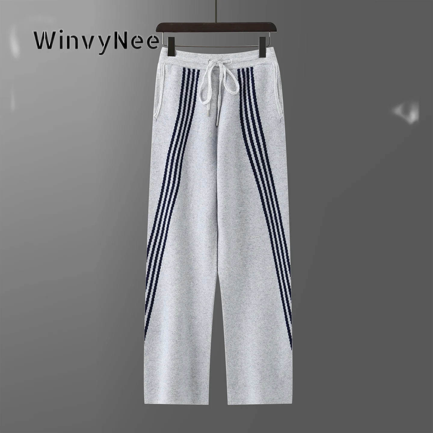 WinvyNee Men Knit Pants 100% Wool Side Stripe Wide Leg Drawstring Casual Sportswear Urban Soft Textured Bottom Garment YP1853049