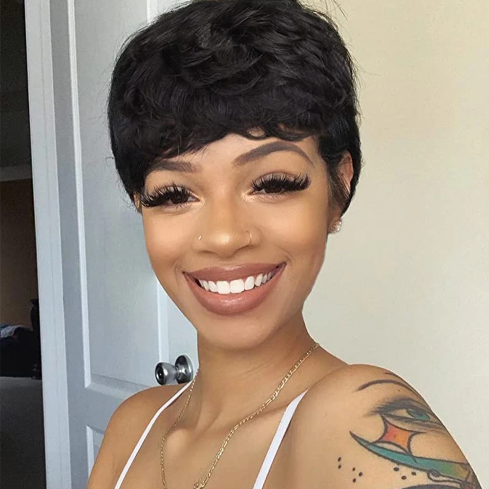 

Short Pixie Cut Curly Human Hair Wigs Brazilian Layered Wavy Wigs For Black Women 150% Density Wigs On Sale Clearance Cheap Wigs