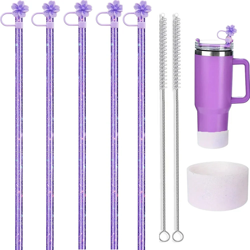 13pcs Accessories for Stanley Cup 30/40oz, 5pcs Glitter Straw 5pc Straw Tip Lid 1pc Silicone Protective Boot 2pc Straw Brush